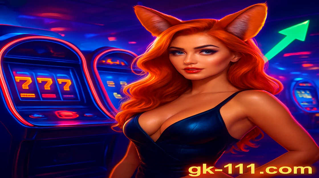 খরগোশের কানের সজ্জা-সহ এক নারী gk111 গেমিং প্ল্যাটফর্ম অ্যাপে অ্যার্কেড খেলার সামনে খেলা করছেন, সামনে সবুজ উঁচু তীরটি বড় জয় ও লাভের প্রতীক হিসেবে উঠে এসেছে।