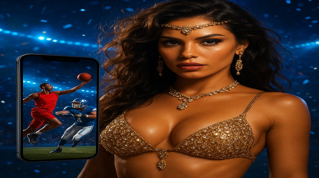 একটি জাঁকালো পোশাক পরিহিত নারী, পাশে থাকা স্মার্টফোনে gk111 ক্রীড়া-গেমিং অ্যাপ দেখাচ্ছে; ভিড়ভর স্টেডিয়াম পটভূমির সামনে দাঁড়িয়ে।