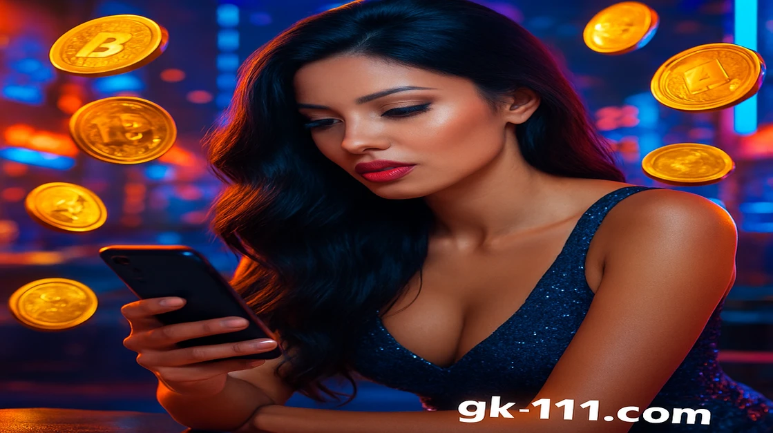 একজন নারী gk111 ক্রিপ্টো গেমিং প্ল্যাটফর্মে লগইন করতে একটি স্মার্টফোন ধরেছেন, চারপাশে জ্বলজ্বল করছে বিটকয়েন কয়েন ও একটি ভবিষ্যৎ-গেমিং প্ল্যাটফর্ম পরিবেশ দ্বারা ঘেরা।